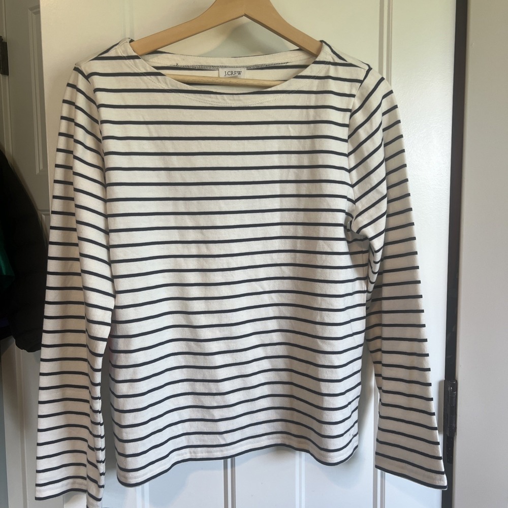 J.Crew Women‎ Cotton Boat Neck Navy Cream Striped Top W Heart Elbow Patches Sz M